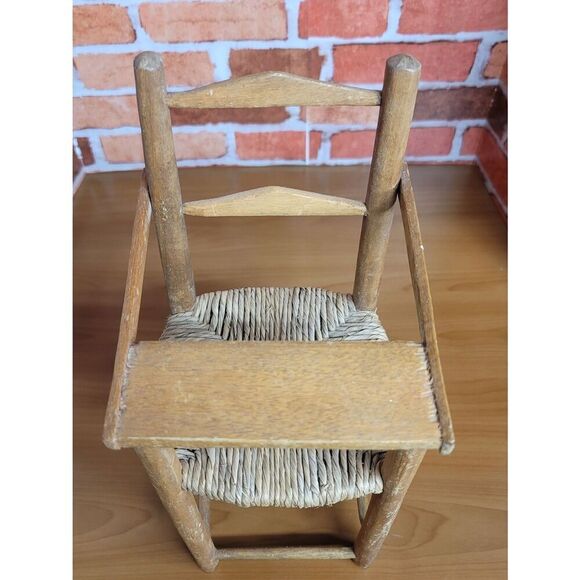 Vintage Handmade 13" Solid Oak Doll High Chair Woven Rush Seat Rustic Primitive - Picture 5 of 8